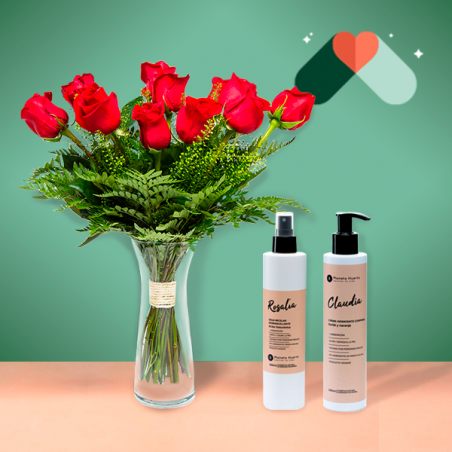 12 Rosas Rojas y Kit Cosmética