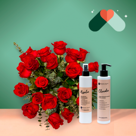 24 Rosas Rojas y Kit Cosmética