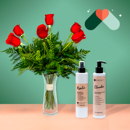 6 Rosas Rojas y Kit Cosmética
