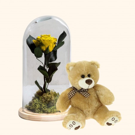 Rosa eterna amarilla y osito de peluche - Flores preservadas online