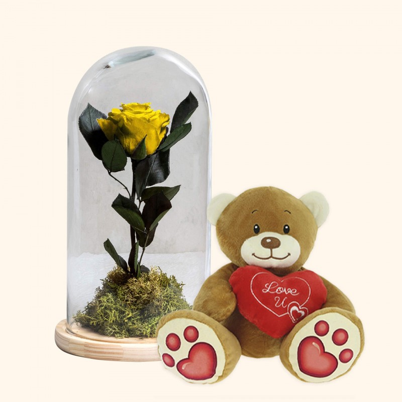 Rosa eterna amarilla y osito de peluche corazón - Flores preservadas online