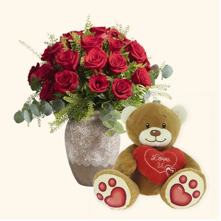 Pack Ramo de 24 rosas rojas y Osito de peluche con corazón