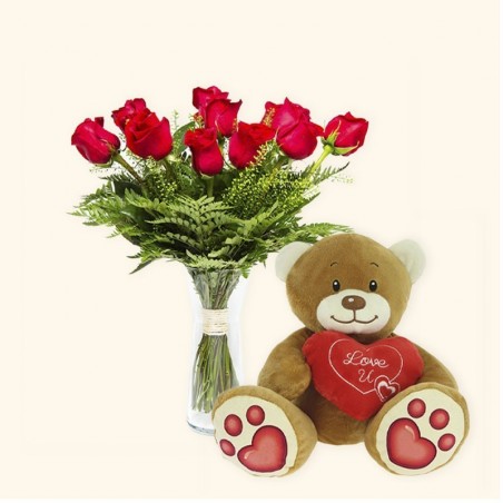 Pack de 6 rosas rojas y Osito peluche con corazón