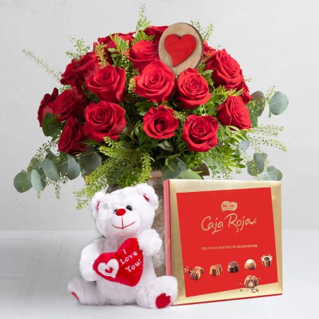 Ramo 24 rosas especial amor + Peluche te quiero + chocolate